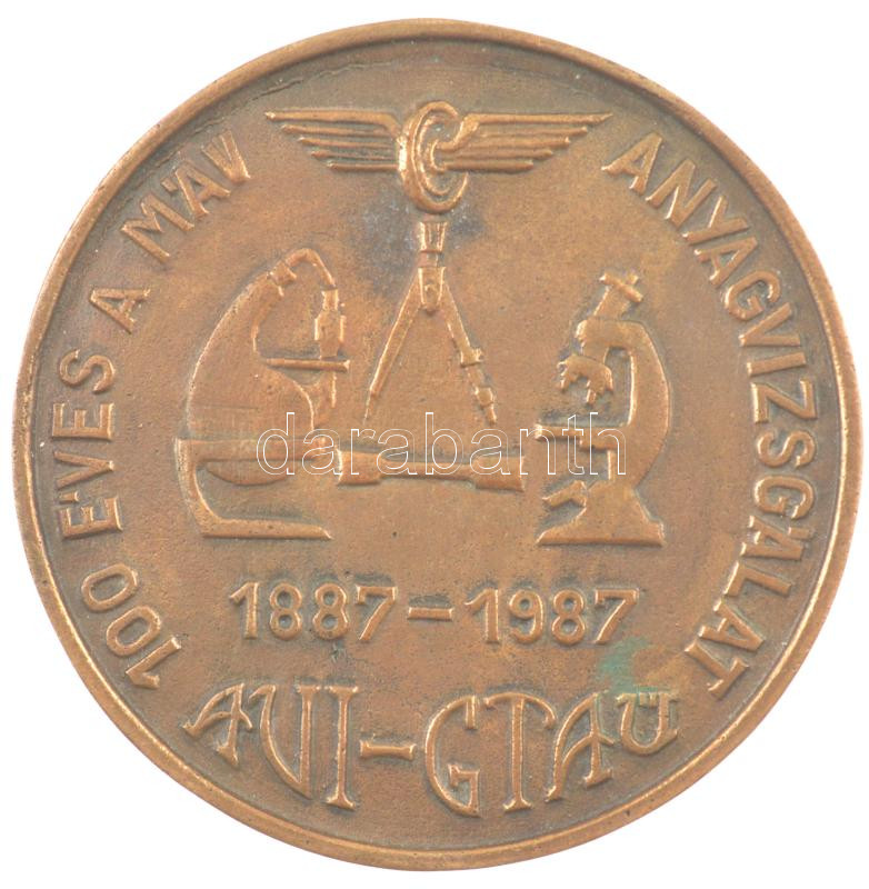 1987. '100 éves a MÁV anyagvizsgálat 1887-1987' egyoldalas öntött bronz emlékérem (94mm) T:1- patina, hátoldalon ragasztónyom