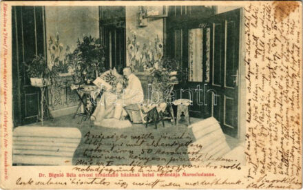 Marosludas, Ludosul de Mures, Ludus; Dr. Bignió Béla orvosi tanácsadó házának belső verandája, a tulajdonos és felesége. Csízhegyi S. felvétele, Elárusítva a József főh. szanat. egylet javára / doctor's villa interior (EK)