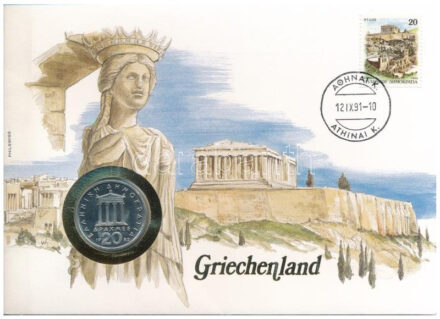 Görögország 1982. 20D Cu-Ni felbélyegzett borítékban, bélyegzéssel, német nyelvű leírással T:1 Greece 1982. 20 Drachmai Cu-Ni in envelope with stamp, cancellation and a prospectus in german C:UNC