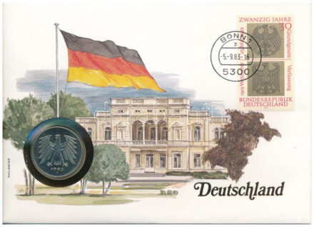 Német Szövetségi Köztársaság 1983F 5M felbélyegzett borítékban, bélyegzéssel, német nyelvű leírással T:1 Federal Republic Germany 1983F 5 Mark in envelope with stamp and cancellation, with German description C:UNC