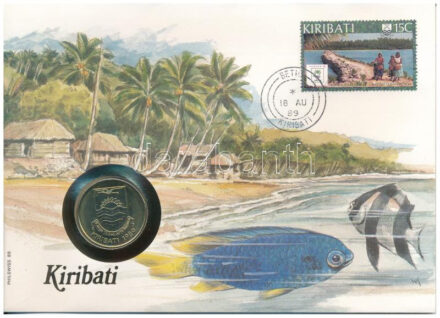 Kiribati 1989. 2$ 'A függetlenség 10. évfordulója' forgalmi emlékérme felbélyegzett borítékban, bélyegzéssel, német nyelvű tájékoztatóval T:1- patina, karc Kiribati 1989. 2 Dollars '10th Anniversary of Independence' circulating