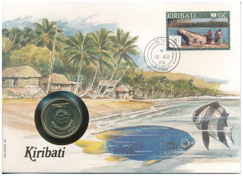 Kiribati 1989. 2$ 'A függetlenség 10. évfordulója' forgalmi emlékérme felbélyegzett borítékban, bélyegzéssel, német nyelvű tájékoztatóval T:1- patina, karc Kiribati 1989. 2 Dollars '10th Anniversary of Independence' circulating