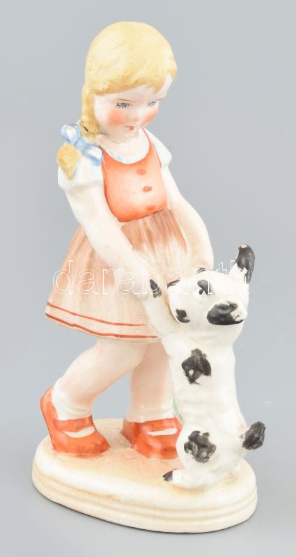 Kislány kutyával mázas kerámia figura. Hibátlan 19 cm