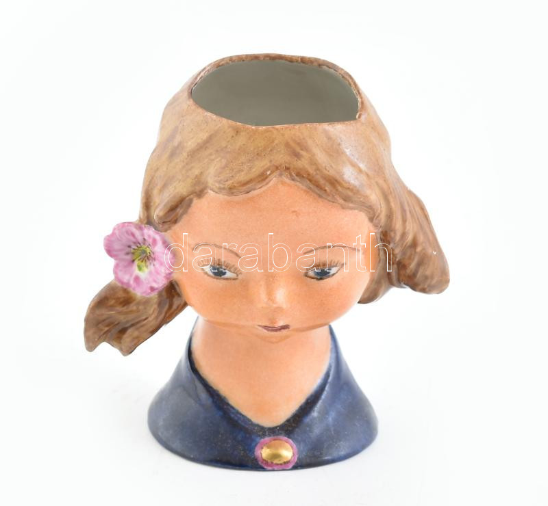 Kislányfejes porcelán váza, jelzett, kopásokkal, m: 12,5 cm