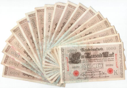 Német Birodalom 1910. 1000M piros pecsét, hétjegyű sorszámmal (9db) + 1910. 1000M zöld pecsét, hétjegyű sorszámmal (9db) T:III folt German Empire 1910. 1000 Mark with red seal, 7 digit serial (9pcs) + 1910. 1000 Mark with green seal, 7