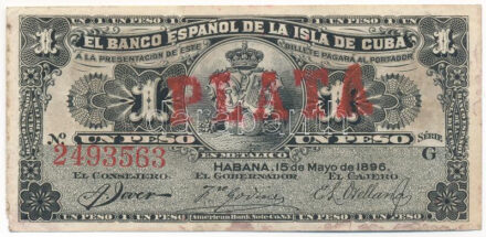 Kuba / Spanyol adminisztráció 1896. 1P piros 'PLATA' felülbélyegzéssel, 'G 2493563' T:III folt, kis sarokhiány Cuba / Spanish administration 1896. 1 Peso with red 'PLATA' overprint, 'G 2493563' C:F spotted, missing corner Krause P#47b