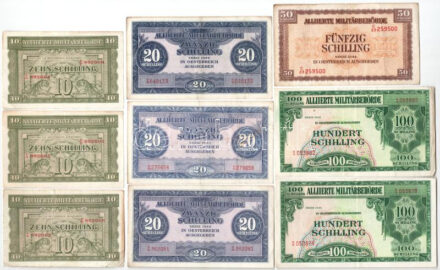 Ausztria / Szövetséges megszállás 1944. 10Sch (3db, sorszámkövető és közeli sorszám) + 20Sch (3db) + 50Sch + 100Sch (2db, közeli sorszám) T:III Austria / Allied occupation 1944. 10 Schilling (3pcs, consecutive serials and close serial