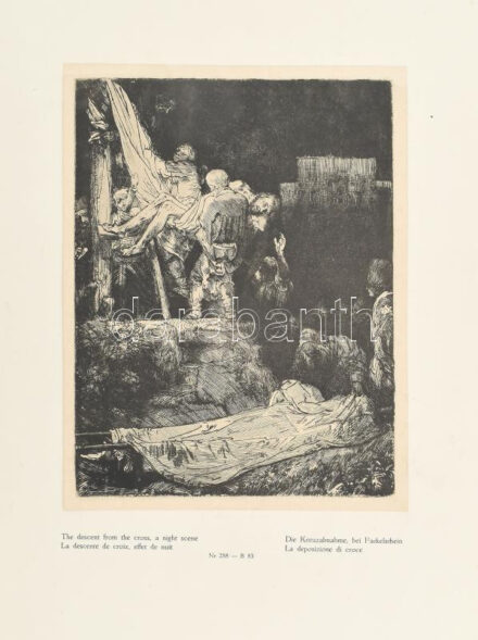 Rembrandt van Rijn (1606-1669) után: Levétel a keresztről. Heliogravűr, papír. Jelzett a nyomaton. Papírra kasírozva. 21x16 cm