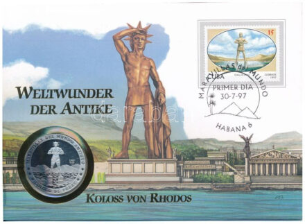 Kuba 1997. 1P 'Rodoszi Kolosszus' Ag felbélyegzett borítékban, bélyegzéssel, német nyelvű ismertetővel T:PP patina Cuba 1997. 1 Peso 'Colossus of Rhodes' Ag in envelope with stamp, cancellation and a german information sheet C:PP