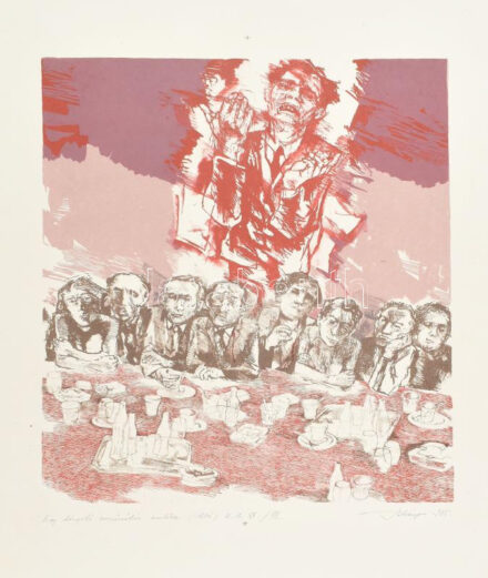 Bálványos Huba (1938-2011): Egy lángoló hozzászólás emléke, 1985. Litográfia, papír, jelzett, művészpéldány E.A. VII. / XII. számozással, párdarabja reprodukálva: XIII. Országos Grafikai Biennálé, 1985, 14. oldal, 39x33 cm
