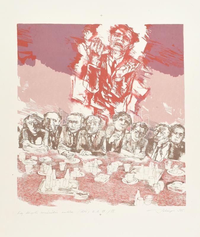 Bálványos Huba (1938-2011): Egy lángoló hozzászólás emléke, 1985. Litográfia, papír, jelzett, művészpéldány E.A. VII. / XII. számozással, párdarabja reprodukálva: XIII. Országos Grafikai Biennálé, 1985, 14. oldal, 39x33 cm