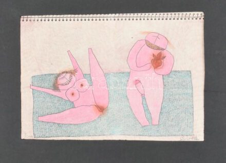 Stuiber Zsuzsa (1944-1999): Szerelmi mámor. Nyomat, papír, jelzett, hátoldalán autográf felirattal, paszpartuban, 19,5×28 cm
