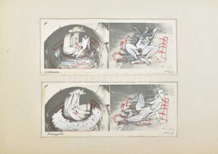 Sinkó István (1951-): Várakozók, magányosok (erotikus kép). Vegyes technika, nyomat, papír, jelzett, paszpartuban, 31×36 cm