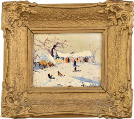 Olvashatatlan jelzéssel (Némedy?): Téli havas táj. Olaj, karton. Jelzett. Dekoratív fakeretben. 11,5x14 cm