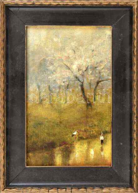 Jelzés nélkül: Gólyák. Olaj, vászon, kartonon. Dekoratív fakeretben, 24×15 cm
