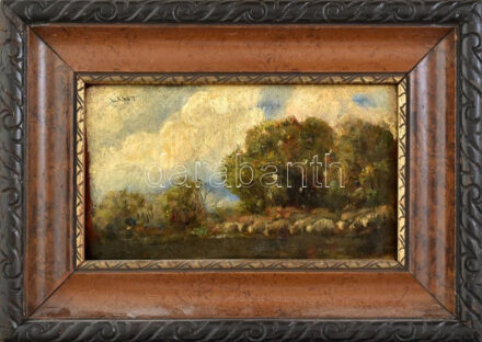 Olvashatatlan jelzéssel (Bálint Árpád, töredékes?): Juhász bárányaival. Olaj, karton. Dekoratív fakeretben. 14x24 cm