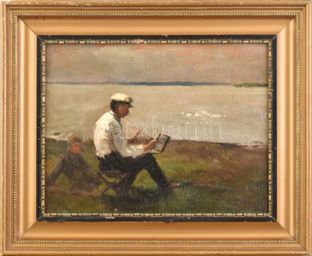 Edvi Illés Aladárné, Karády Etel (1877-1963): Edvi Illés Aladár fest. Olaj, karton, jelezve jobbra lent. Hátoldalán BÁV címkével. Dekoratív fakeretben, 28×36 cm