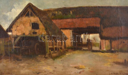 L. M. Webb jelzéssel: Tanya udvar. Olaj, vászon, dekoratív fakeretben, 33x54,5 cm