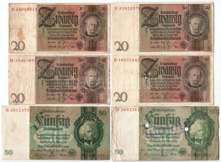 Német Birodalom 1929. 20M (4db) + 50M (2db, egyik lyukasztással és magyar nyelvű 'ÉRTÉKTELEN' felülbélyegzéssel) T:III,III- German Empire 1929. 20 Reichsmark (4pcs) + 50 Reichsmark (2pcs, one with holes and with 'worthless' overprint in