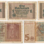 Német Harmadik Birodalom 1939-1944. 1M (3db) + 1942. 5M (2db) T:III,III- German Third Reich 1939-1944. 1 Reichsmark (3pcs) + 1942. 5 Reichsmark (2pcs) C:F,VG Krause P#R136, P#186