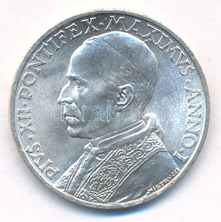 Vatikán 1939. 5L Ag 'XII. Pius' T:1,1- Vatican 1939. 5 Lire Ag 'Pius XII' C:UNC,AU Krause KM#28