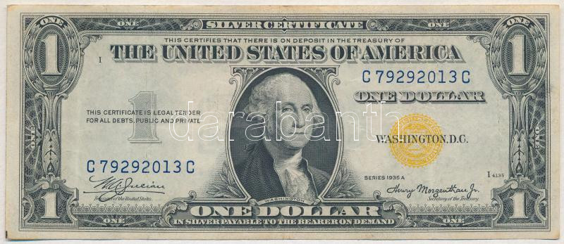 Amerikai Egyesült Államok 1934-1945. (1935A) 1$ 'Silver Certificate - kisméretű' sárga pecsét, 'William Alexander Julian - Henry Morgenthau Jr.' T:III USA 1934-1945. (1935A) 1 Dollars 'Silver Certificate - small size' Yellow seal, 'William