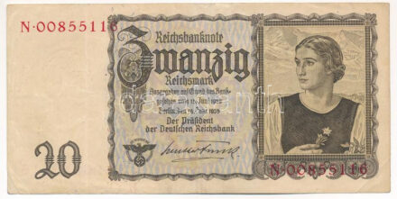Német Harmadik Birodalom 1939. 20M 'N 00855116' T:III German Third Reich 1939. 20 Mark 'N 00855116' C:F Krause P#5A