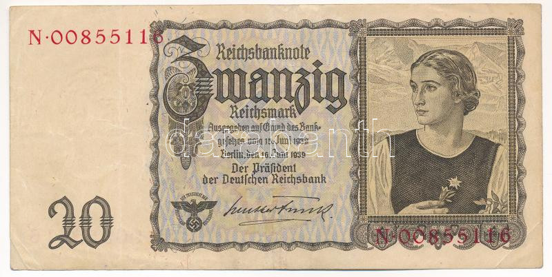Német Harmadik Birodalom 1939. 20M 'N 00855116' T:III German Third Reich 1939. 20 Mark 'N 00855116' C:F Krause P#5A