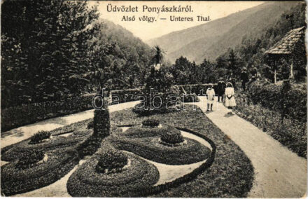1910 Ponyászka, Poneasca (Bozovics, Bozovici); Alsó völgy. Weisz Felix kiadása / Unteres Tal / valley park (Rb)