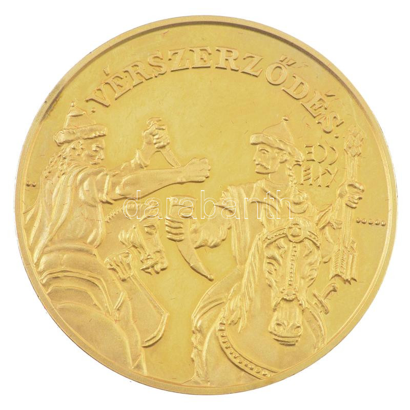 Lebó Ferenc (1960-) 1996. 'A Honfoglalás emlékére 896-1996 / Vérszerződés' kétoldalas aranyozott Cu emlékérem tokban (42,5mm) T:1- (PP) kis patina, ujjlenyomat