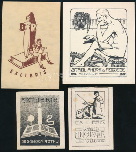 4 db ex libris, vegyes állapotban, 8x6,5 cm és 12x10 cm között