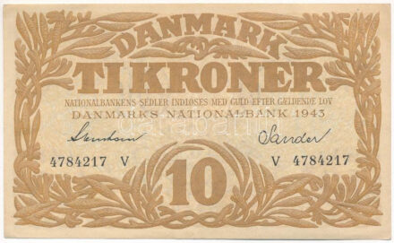Dánia 1943. 10K 'V - Svendsen, Sander' T:III szép papír Denmark 1943. 10 Kroner 'V - Svendsen, Sander' C:F fine paper Krause P#31