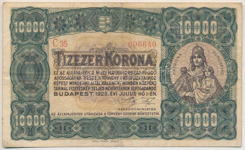 1923. 10.000K 'Orell Füssli Zürich' nyomdahely jelöléssel, piros sorozat-és sorszámmal 'C35 06640' T:III Adamo K42