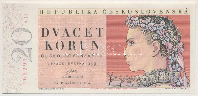 Csehszlovákia 1949. 20K 'A 11 166291' T:I Czechoslovakia 1949. 20 Korun 'A 11 166291' C:UNC Kraue 70.