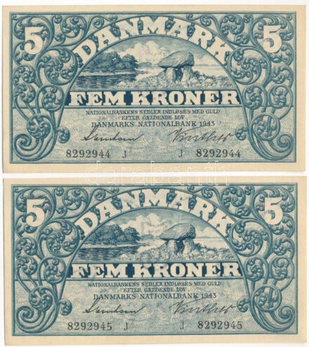 Dánia 1943. 5K 'J - Svendsen & Vinther' (2db, sorszámkövető) T:III szép papír Denmark 1943. 5 Kroner 'J - Svendsen & Vinther' (2pcs, consecutive serials) C:F fine paper Krause P#30