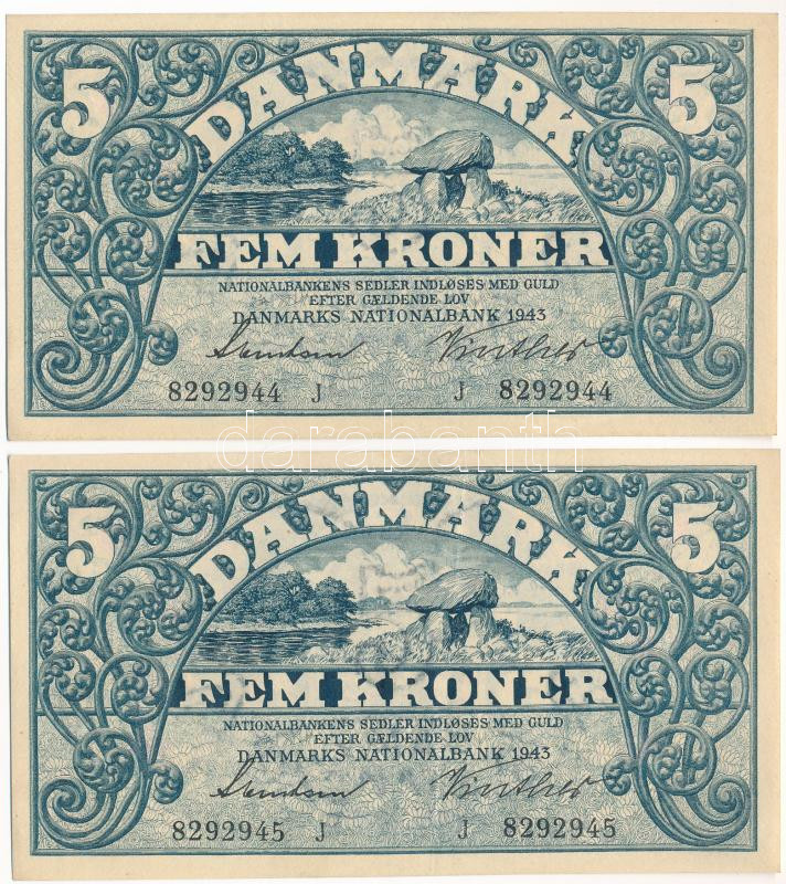 Dánia 1943. 5K 'J - Svendsen & Vinther' (2db, sorszámkövető) T:III szép papír Denmark 1943. 5 Kroner 'J - Svendsen & Vinther' (2pcs, consecutive serials) C:F fine paper Krause P#30