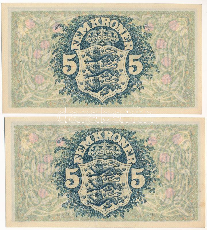 Dánia 1943. 5K 'J - Svendsen & Vinther' (2db, sorszámkövető) T:III szép papír Denmark 1943. 5 Kroner 'J - Svendsen & Vinther' (2pcs, consecutive serials) C:F fine paper Krause P#30 - Image 2