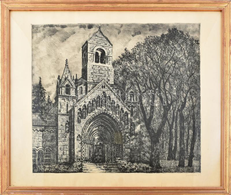 Imre István (1918-1983): Jáki kápolna, 1974. Rézkarc, papír, jelzett. Üvegezett, kissé sérült fakeretben, 49×58 cm