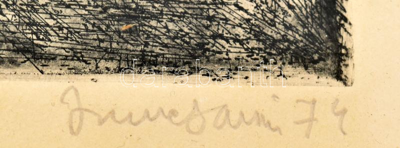 Imre István (1918-1983): Jáki kápolna, 1974. Rézkarc, papír, jelzett. Üvegezett, kissé sérült fakeretben, 49×58 cm - Image 2