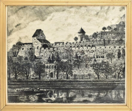 Imre István (1918-1983): Dunapart (Budapest), 1972. Rézkarc, papír, jelzett. Üvegezett, dekoratív fakeretben, 58×69 cm