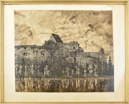 Imre István (1918-1983): Budai vár. Rézkarc, papír, jelzett. Lap széle kissé foltos. Üvegezett, dekoratív, kissé sérült fakeretben, 49×59 cm
