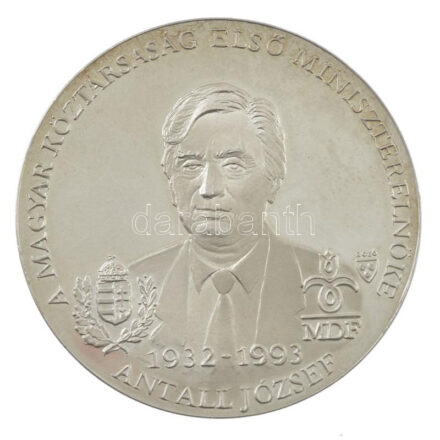 Bozó Gyula (1913-2004) 1993. 'Antall József A Magyar Köztársaság Első Miniszterelnöke 1932-1993' kétoldalas Ag emlékérem, peremén SZG beütéssel (36.2g/0.925/43,5mm) T:1-
