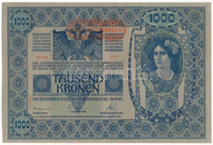 Ausztria 1919 (1902) 1000K hátlap rajzos, '2517 97392', piros vízszintes 'DEUTSCHÖSTERREICH' felülbélyegzéssel T:I- apró szakadás Austria 1919 (1902). 1000 Corona graphic backside, '2517 97392', with red 'DEUTSCHÖSTERREICH' horizontal