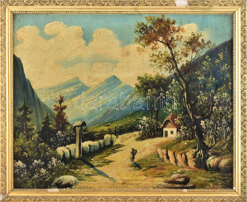 Jelzés nélkül: Hazafelé. Olaj, vászon. Dekoratív, sérült fakeretben, 41×52 cm