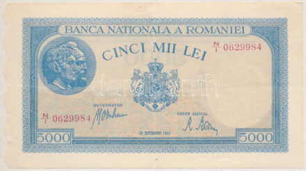 Románia 1943. 5000L 'N/I 0629984' T:III Romania 1943. 5000 Lei 'N/I 0629984' C:F Krause P#55