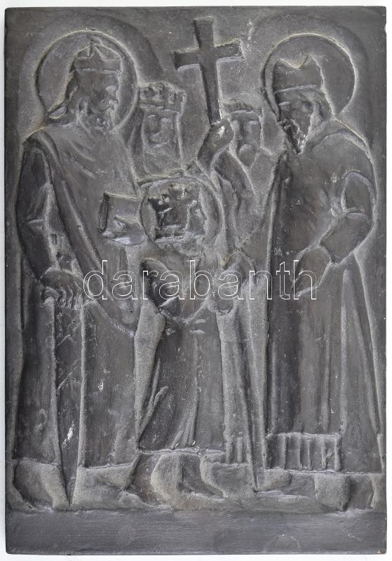 Szent István, Szent Imre és Szent Gellért. Kerámia fali dísz, Jelzés nélkül 12x17 cm