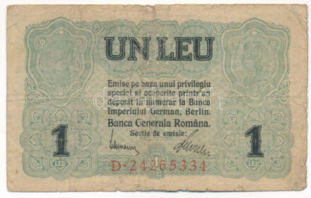 Románia / Német megszállás 1917. 1L 'D 24265334' T:III-,IV Romania / German Occupation 1917. 1 Leu 'D 24265334' C:VG,G Krause P#M3