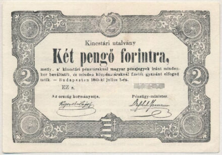 1849. 2Ft 'Kincstári utalvány' 1948-as utánnyomata. A reprintek ismertetőjegyei: 'EZ a' sorozatjel, sorszám nélkül és középen fent hiányos nyomatú értékjelzés (modern reprint) T:II-