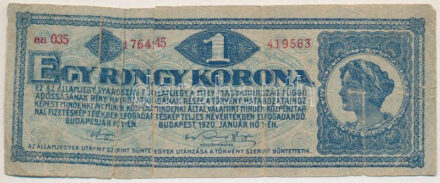 1920. 1K 'EGY RONGY KORONA', betoldással, ragasztva T:III