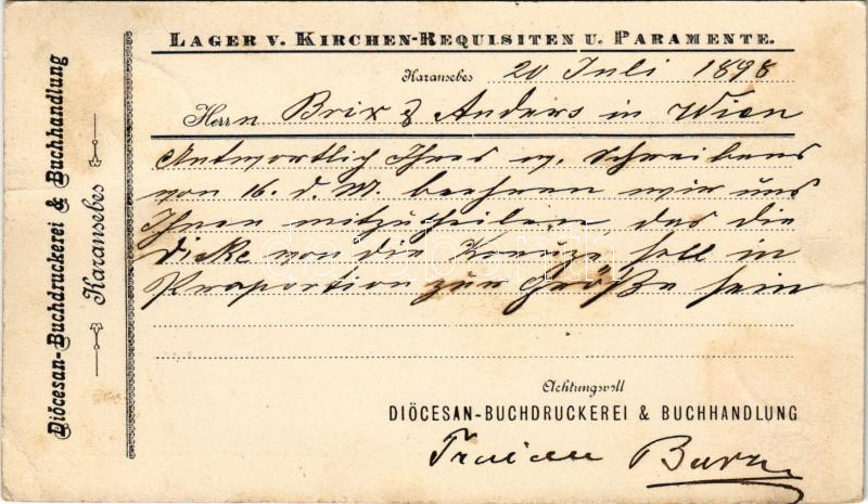 1898 (Vorläufer) Karánsebes, Caransebes; Diocesan-Buchdruckerei & Buchhandlung, Lager v. Kirchen-Requisiten u. Paramente / Egyházmegyei könyvnyomda és könyvesbolt üzletének reklámlapja / Diocesan book printing works & bookshop,